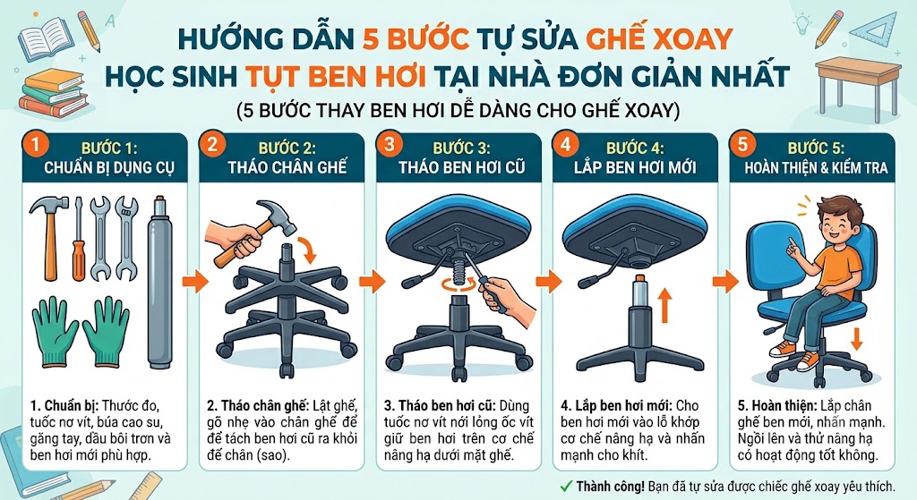 sửa ghế xoay học sinh bị tụt ben hơi
