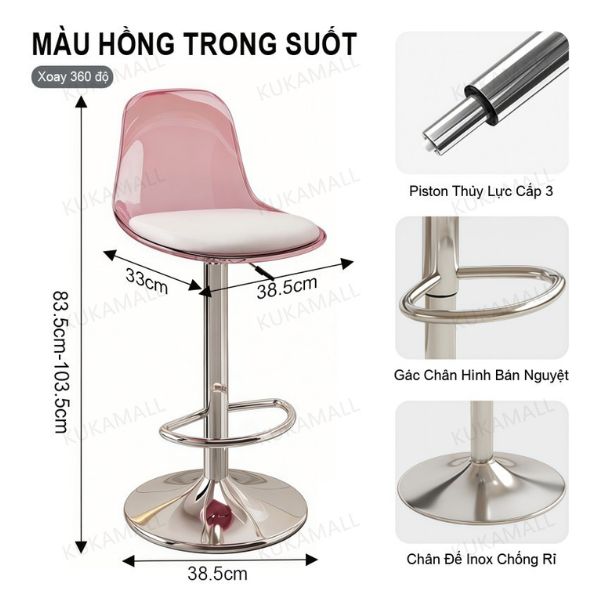 Kích thước ghế quầy bar mica trong suốt