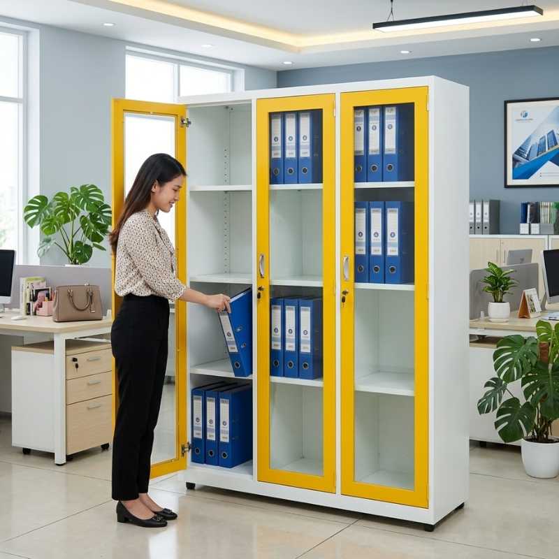 Tủ sắt hồ sơ 3 cánh kính phối 2 màu vàng trắng - Mã: TS3KK - Ảnh 6