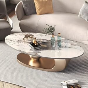 Bàn Trà Elip Mặt Đá Trắng Chân Inox Mạ Pvd Vàng - Mã: 3024 32 Bàn sofa elip mặt đá trắng